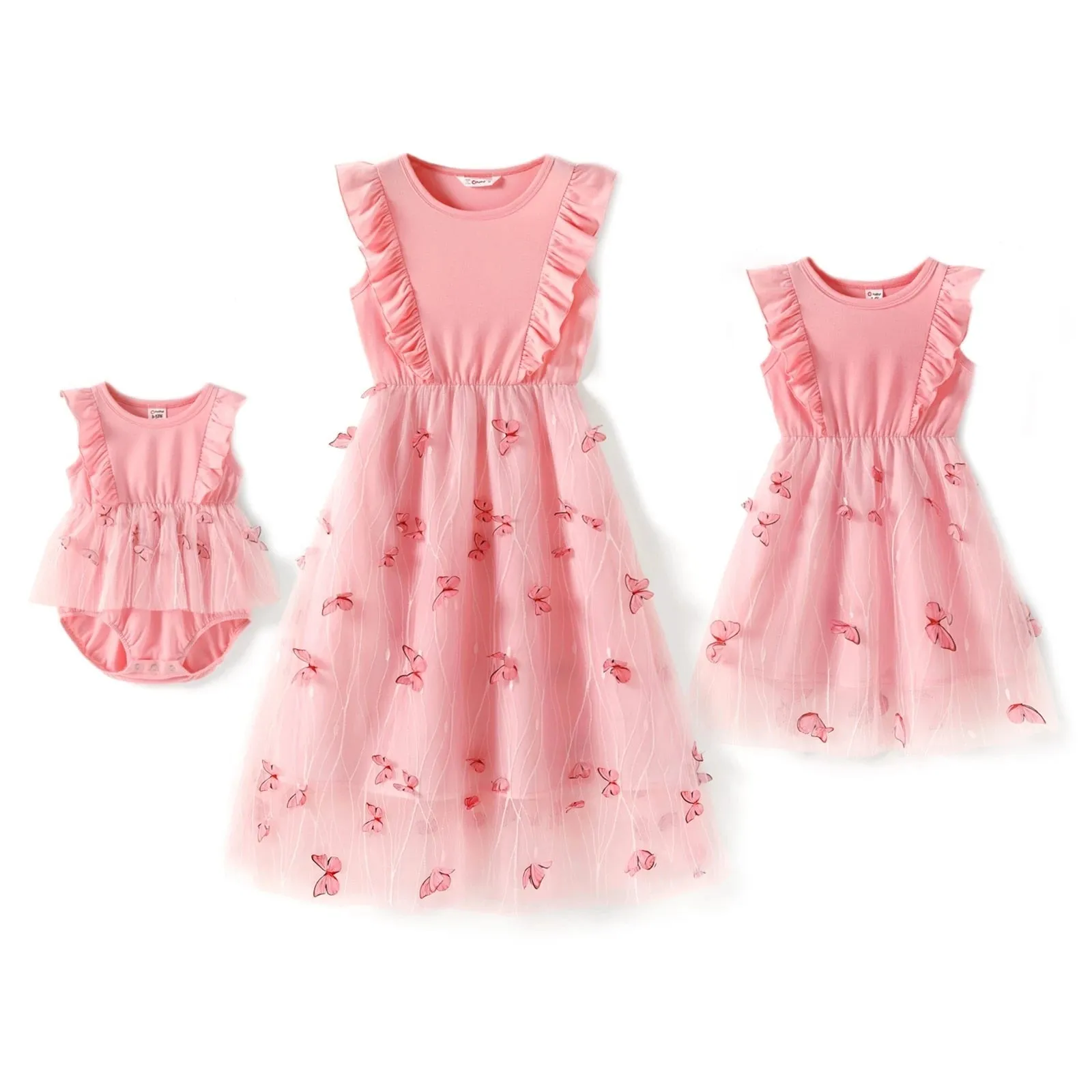 Family Matching Dresses - Pink Tulle with Ruffles and Butterfly Appliqués