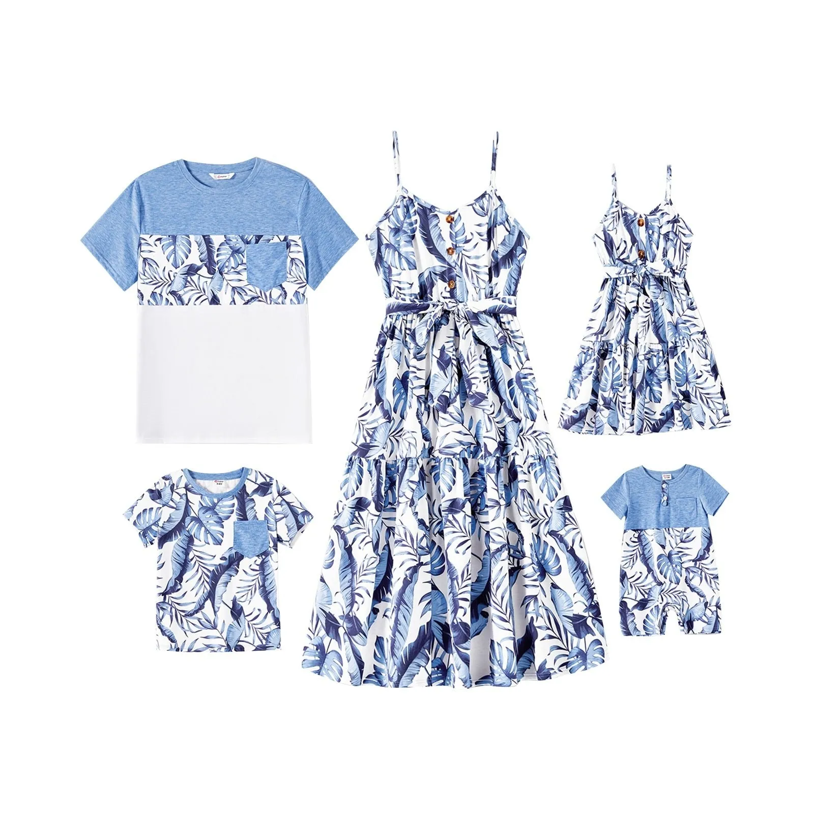 Matching Family Outfit - Blue Leaf Print Naia Dresses and T-shirts Sets